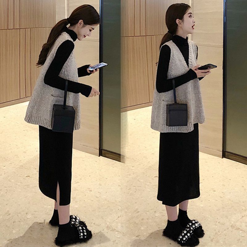 優雅秋裝組合針織背心+半高領連身裙套裝