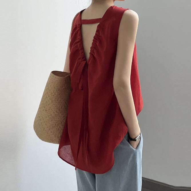 韓系後背綁帶V領無袖上衣  露背設計 輕熟法式感