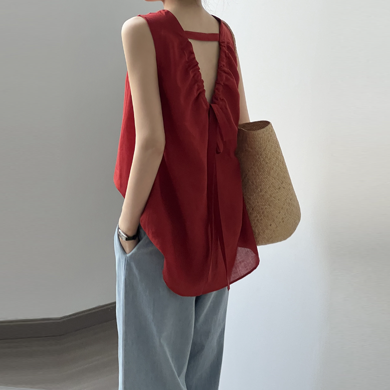 韓系後背綁帶V領無袖上衣  露背設計 輕熟法式感