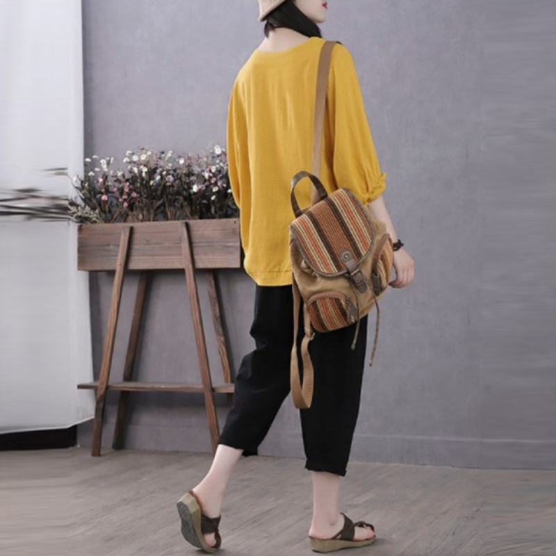 寬鬆五分袖上衣 春夏秋棉質 圓領縮口蓬袖 顯瘦百搭 外穿好搭