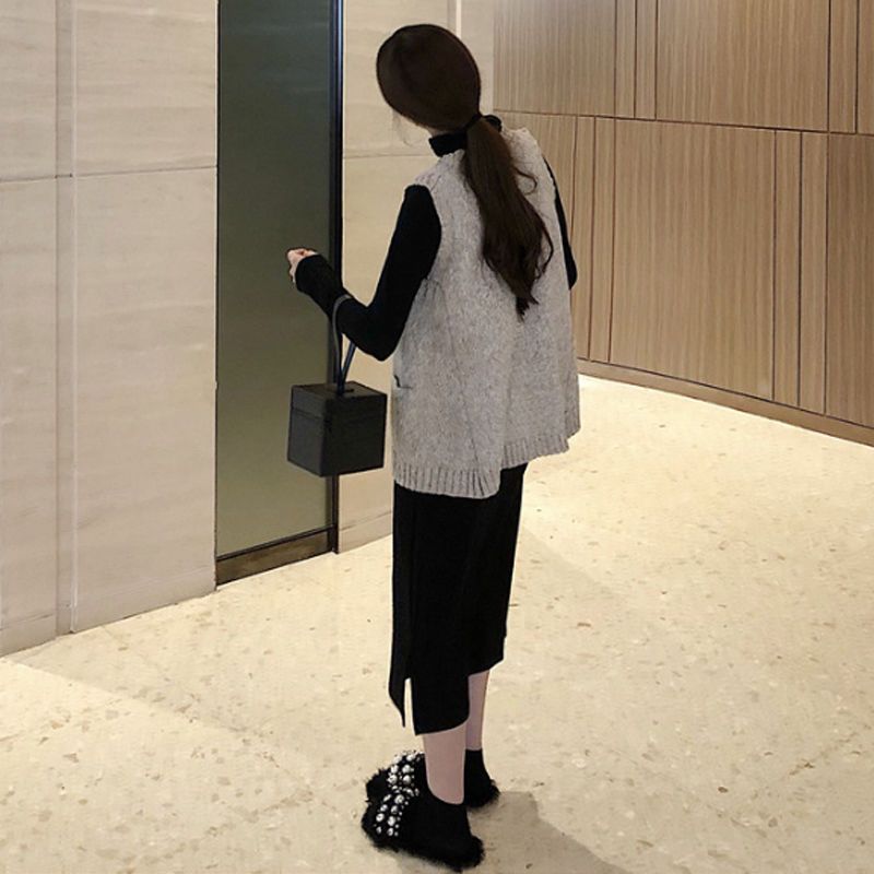 優雅秋裝組合針織背心+半高領連身裙套裝