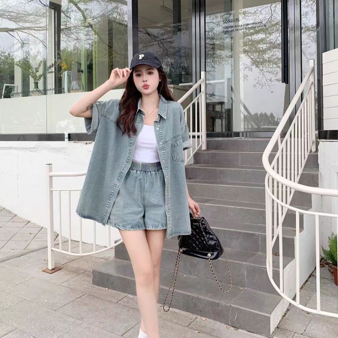 水洗彈力牛仔套裝 復古風可拆式牛仔兩件套 休閒短袖襯衫+寬鬆短褲