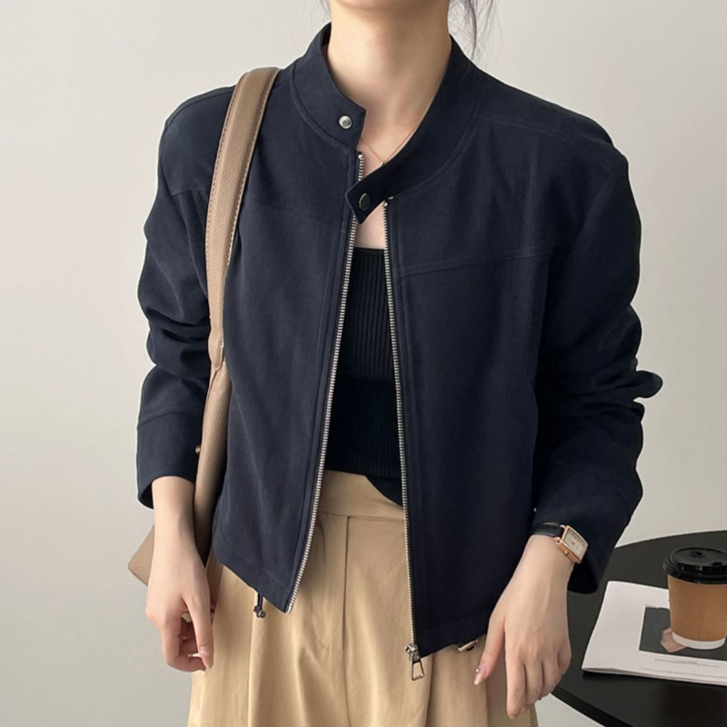 美式復古立領短版夾克 拉鍊門襟 釦帶設計 挺版有型外套