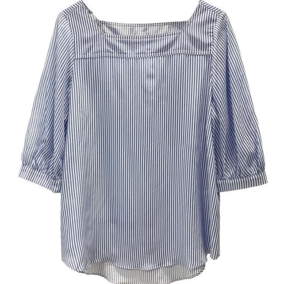 簡約韓版條紋平口領泡泡袖上衣條紋襯衫