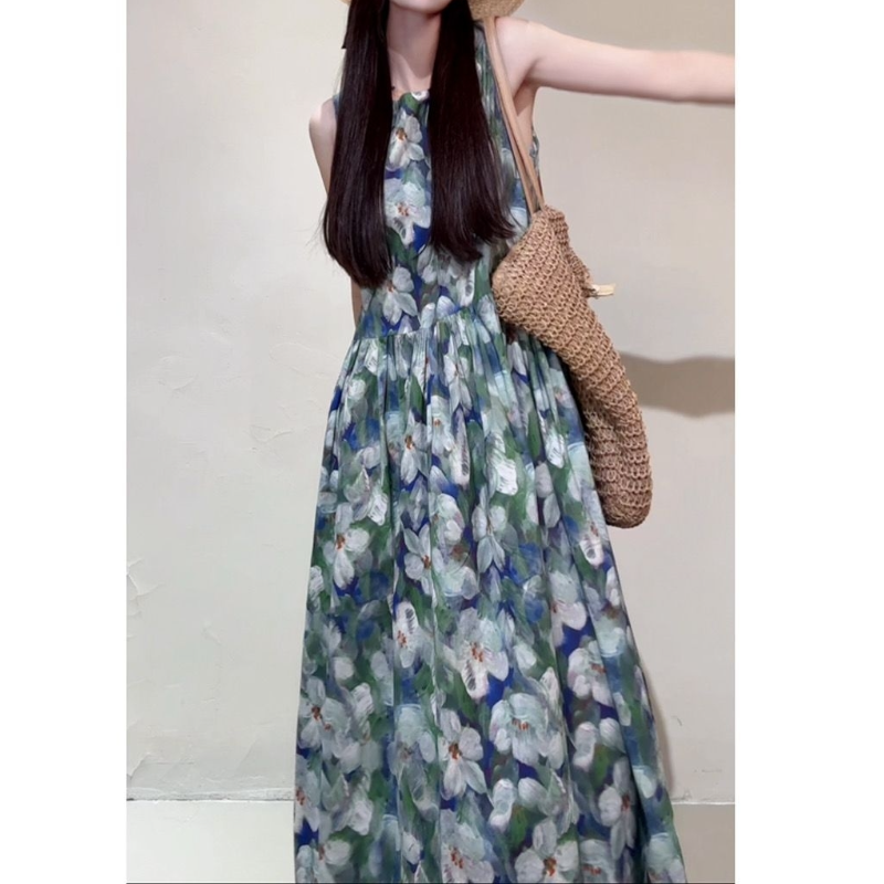 清新印花及踝長洋裝 無袖寬鬆大擺設計 渡假風飄逸款 度假感長洋裝