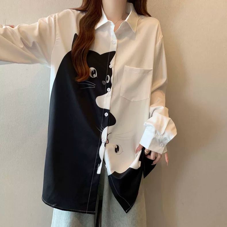 大尺碼貓咪印花襯衫 長袖寬鬆版 顯瘦遮肉（黑/白）