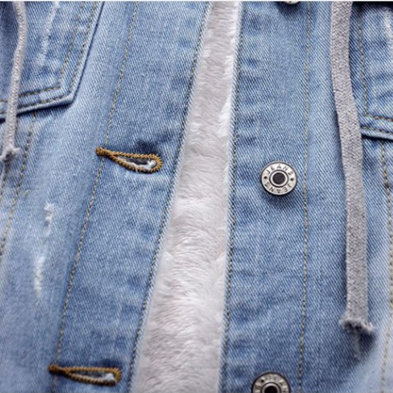 秋冬季刷毛加厚鋪棉牛仔外套（帽子可拆卸）