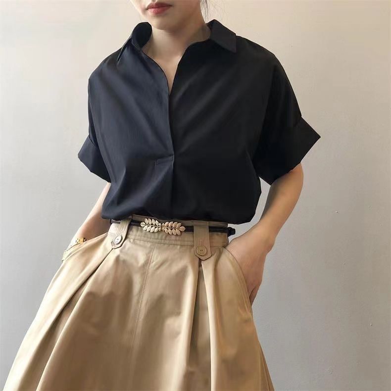 復古夏日V領 蝙蝠袖 通勤顯瘦寬鬆氣質襯衫