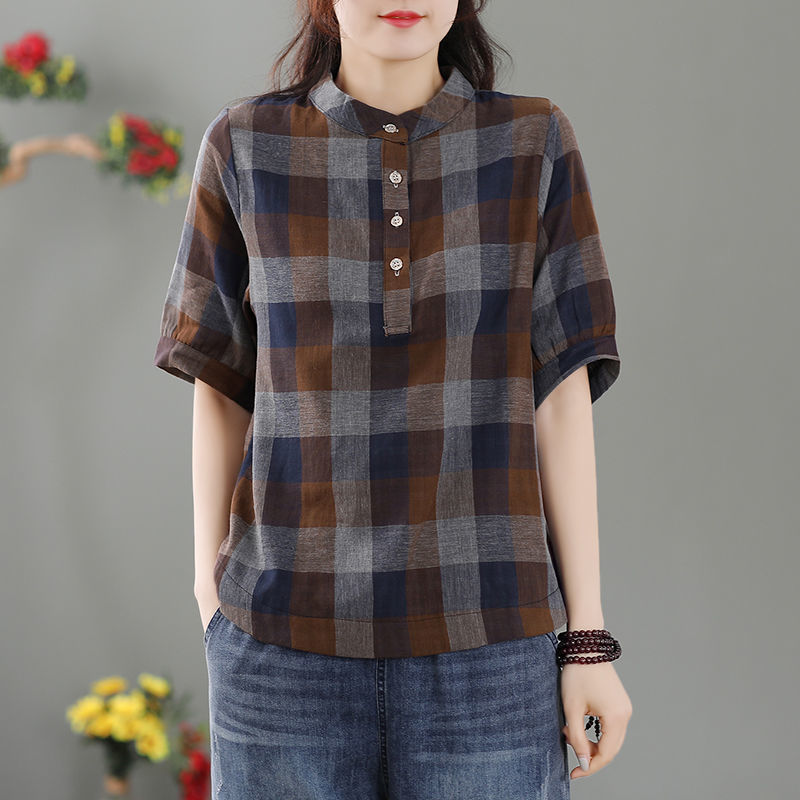 昭和風窗格紋棉麻罩衫 大尺碼衬衫上衣