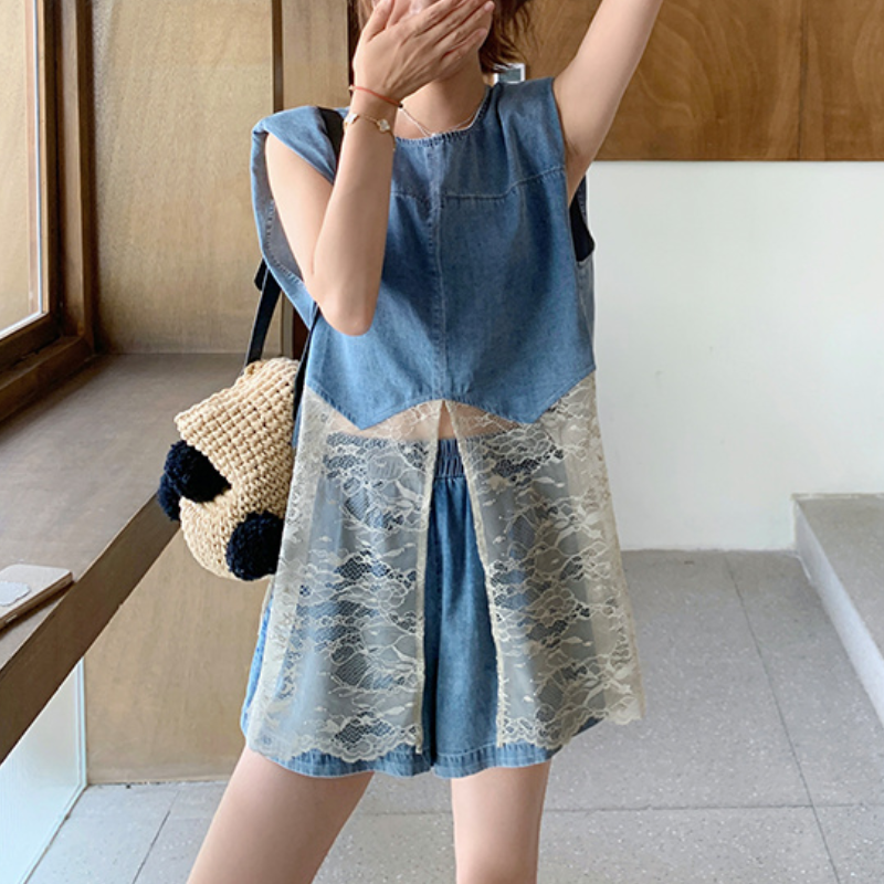 韓系穿搭古董蕾絲馬甲 × 丹寧短褲​度假組​