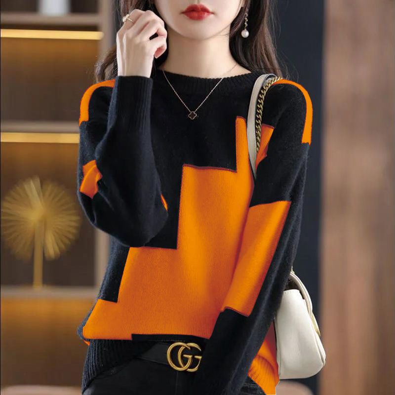 軟糯圓領拼色短板寬鬆針織上衣