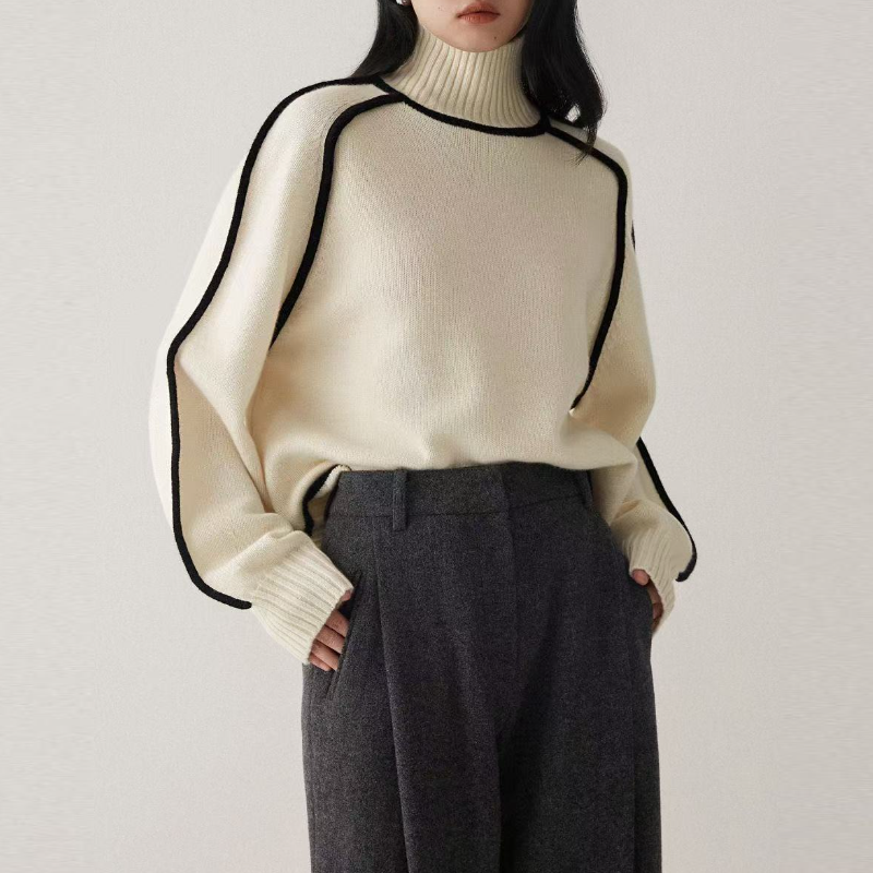 高領插肩針織毛衣 法式感燈籠袖 滾邊設計 寬鬆版型