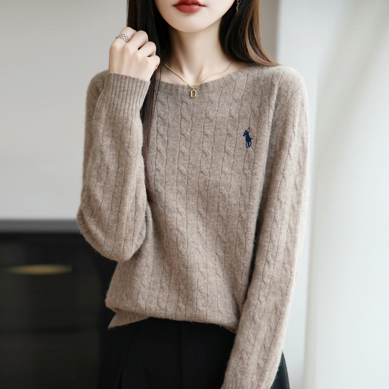 麻花圓領針織上衣 無縫一體 成型舒適 長袖寬鬆 秋冬內搭