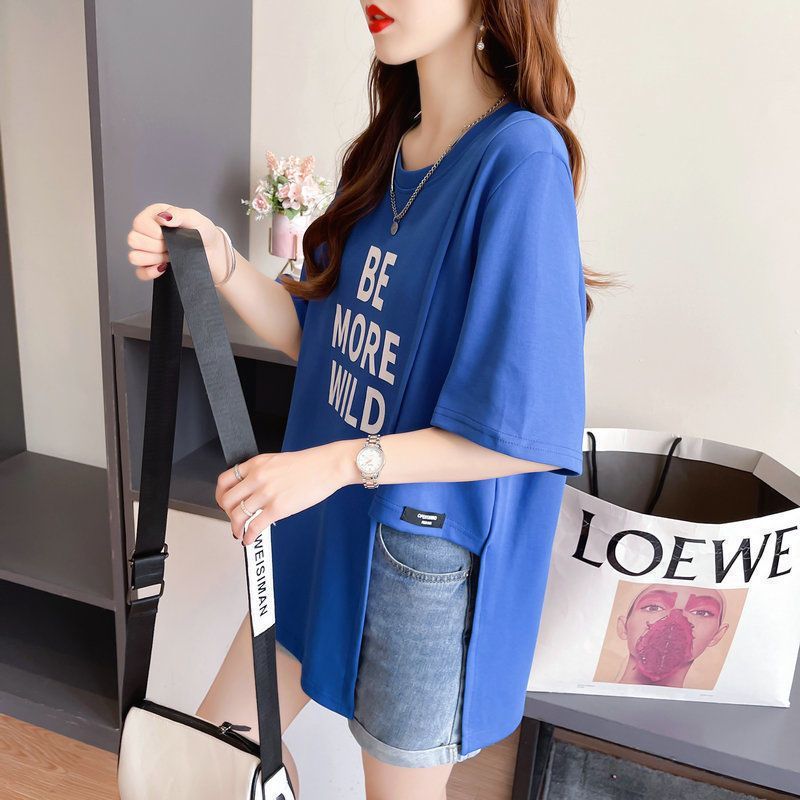 大尺碼字母不對稱開衩短袖T恤 棉花糖女孩寬鬆顯瘦上衣