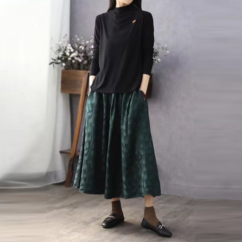 羽毛提花棉質高腰A字中長裙 秋冬文青感 顯瘦顯高