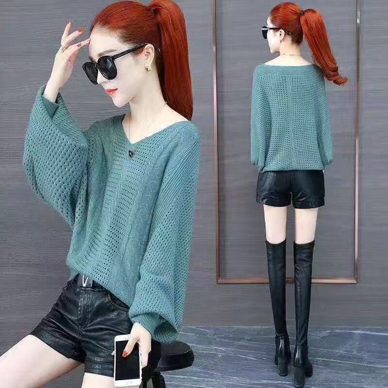 寬鬆蝙蝠袖洞洞毛衣 V 領鏤空針織上衣 韓系休閒