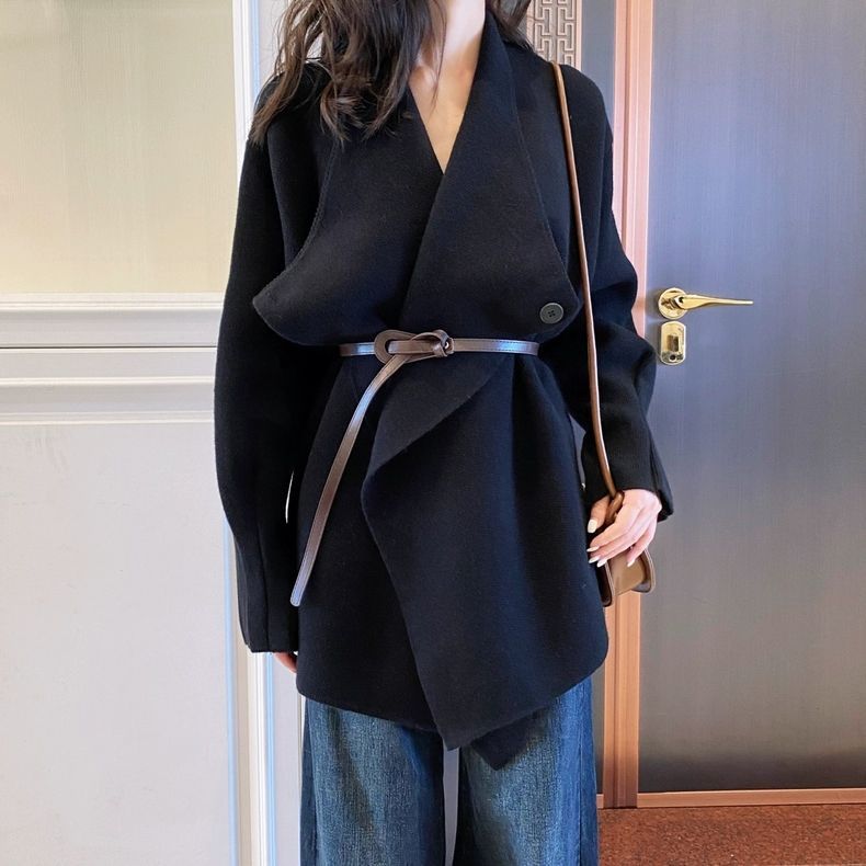 韓系V領針織外套＋高腰寬褲牛仔 兩件套 灰色上衣 綁帶設計