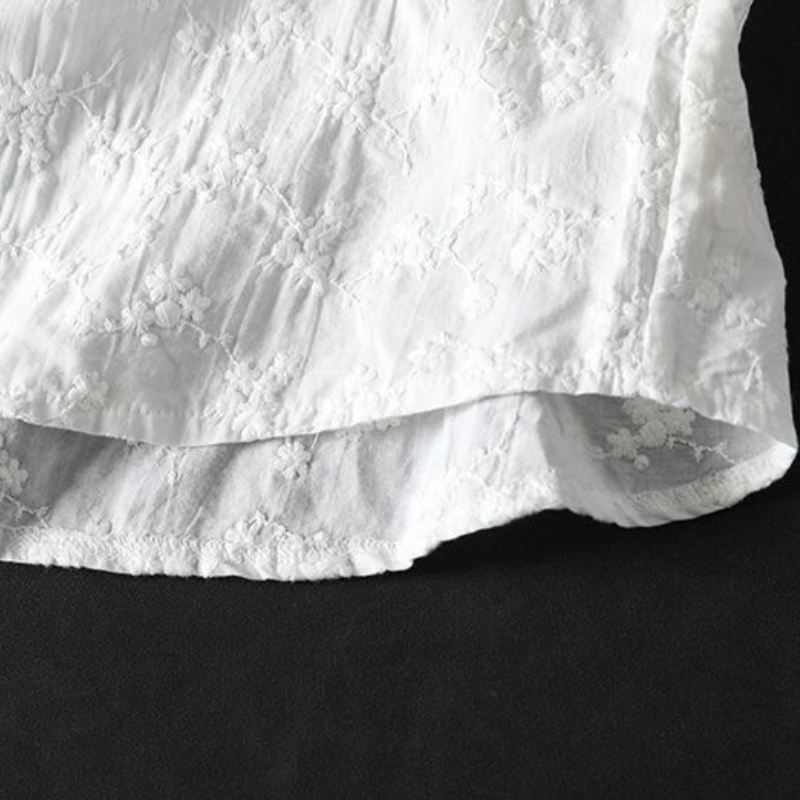 純棉刺繡提花立領襯衫 法式優雅寬版上衣 透氣親膚長袖白襯衫 休閒穿搭學院風顯瘦