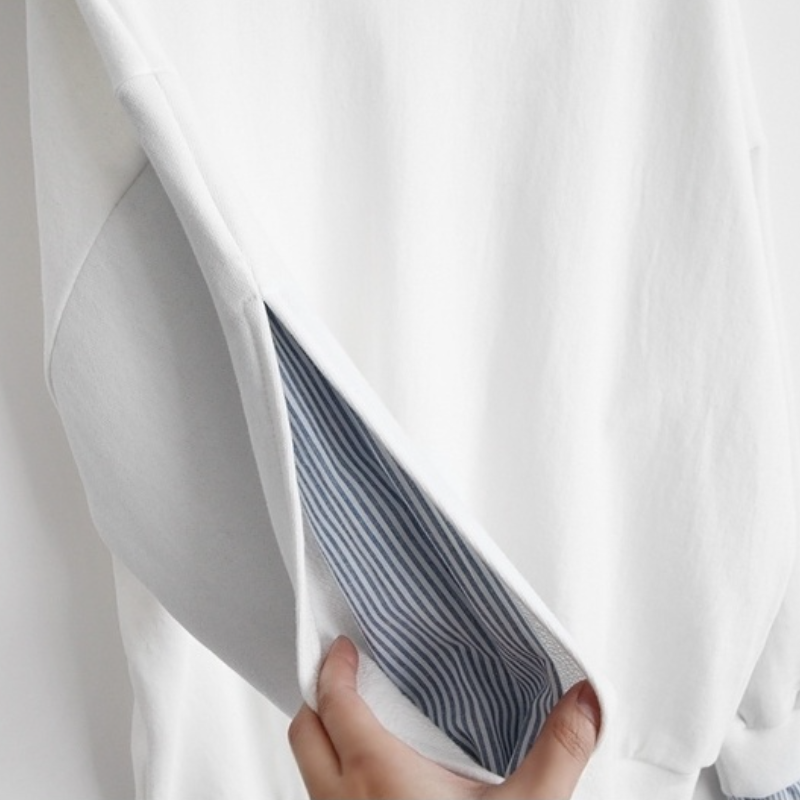 【春人気商品】【2色/M-2XL】薄款假兩件圓領白色TEE襯衫 韓版條紋寬鬆上衣