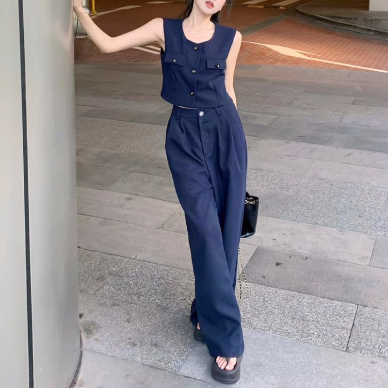 韓系兩件式套裝 無袖背心上衣＋寬褲 垂墜感 寬鬆顯瘦 外穿有型