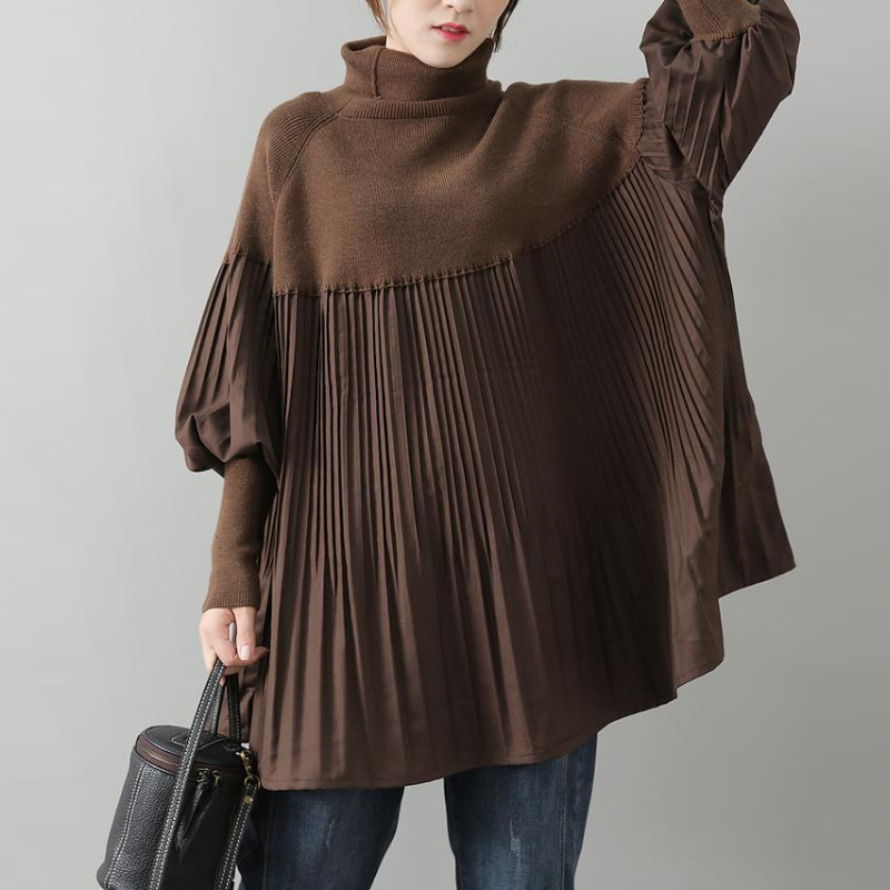 高領針織拼接百褶上衣 寬鬆剪裁 素色氣質 秋冬百搭