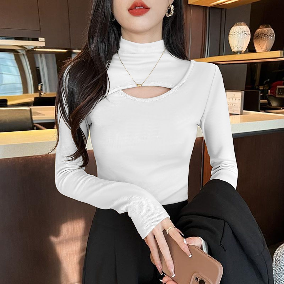 長袖鏤空微高領針織上衣 網美感鏤空設計 修身顯瘦 彈性親膚