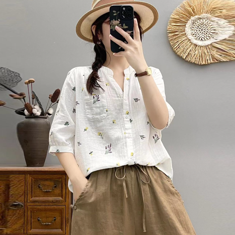 碎花雙層棉紗襯衫 中袖設計 寬鬆舒適 文青風上衣