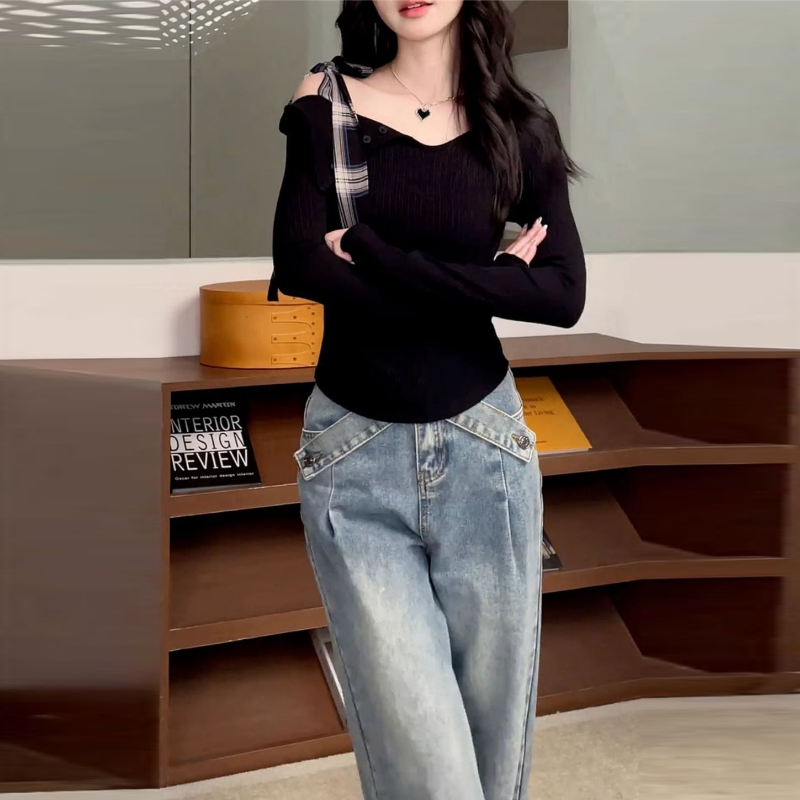 溫柔法式綁帶 斜肩一字領修身針織上衣 早秋顯瘦長袖內搭T恤