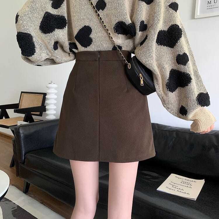 高腰開衩褶疊毛呢短裙 設計感A字版 顯瘦修飾 好搭百褶感（內建安全褲）