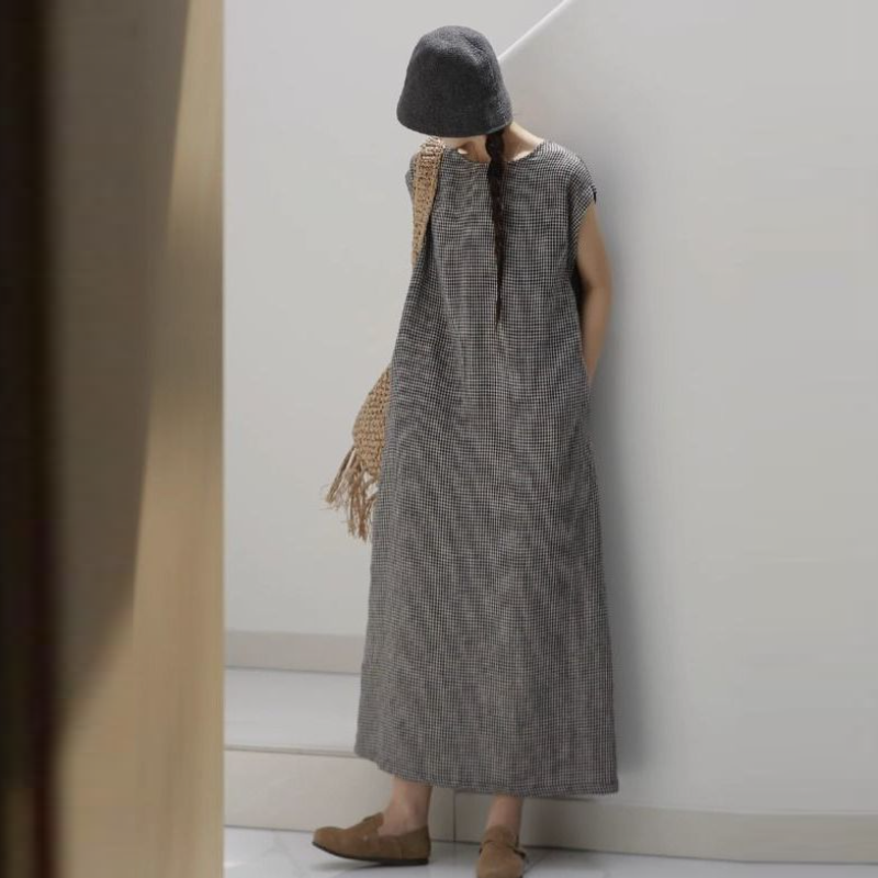 棉麻格紋無袖長洋裝 復古文青風
