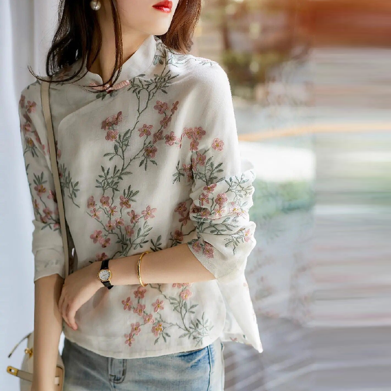 和洋折衷盤扣罩衫 昭和風手繪藍染襯衫 旗袍領口印花上衣