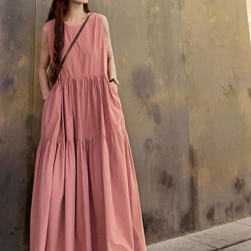 文青風無袖大擺長洋裝 寬鬆A字剪裁 及踝長度 氣質藍色洋裝