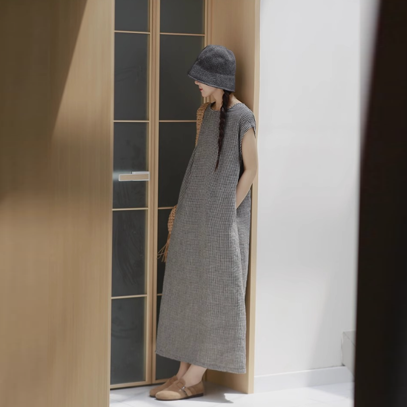 棉麻格紋無袖長洋裝 復古文青風