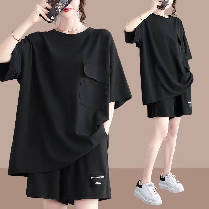 大尺碼素色短袖短褲兩件套 寬鬆顯瘦休閒家居套裝