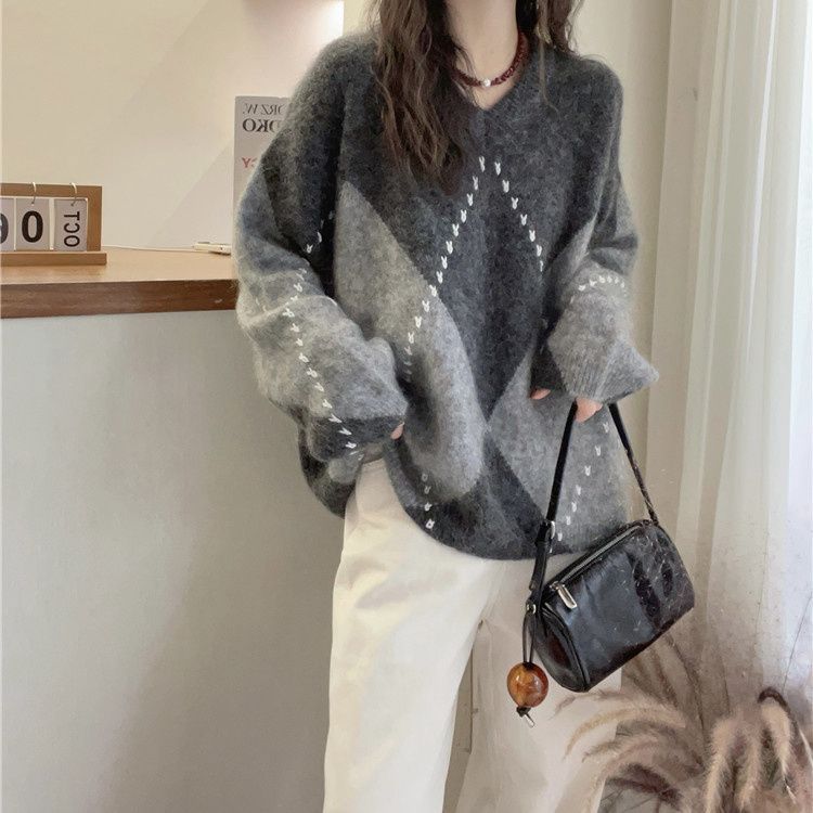 慵懶復古菱格針織毛衣 秋冬紅色系寬鬆休閒針織衫上衣