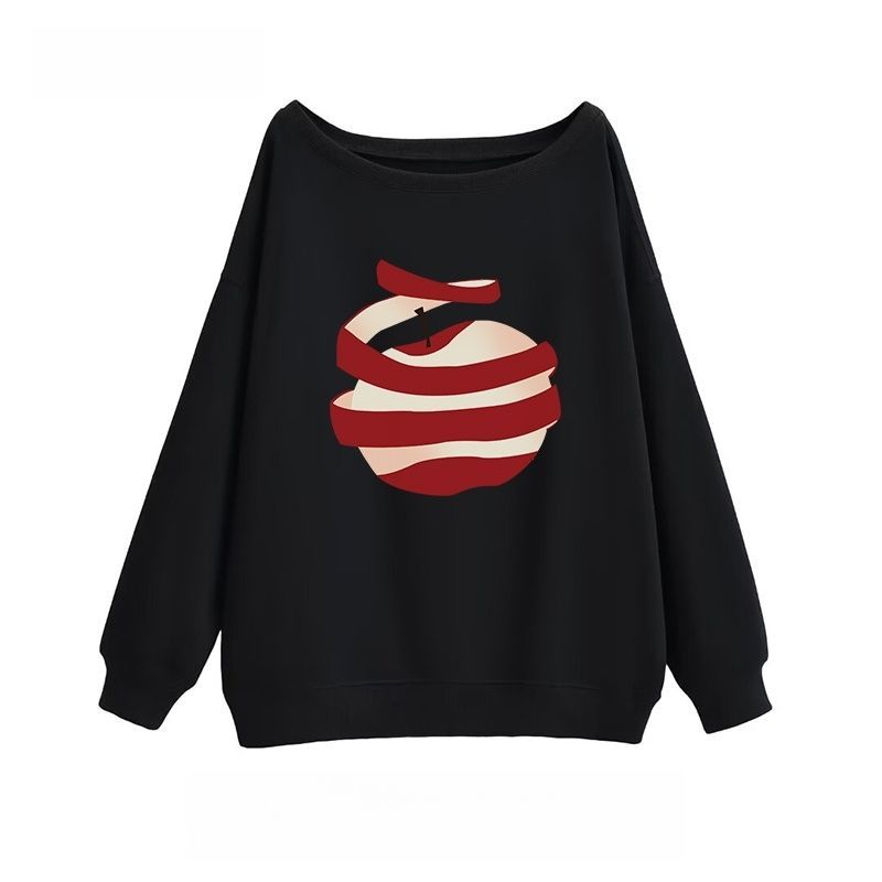 純棉斜肩假兩件長袖T恤 秋季寬鬆 設計感印花 不對稱露肩 百搭