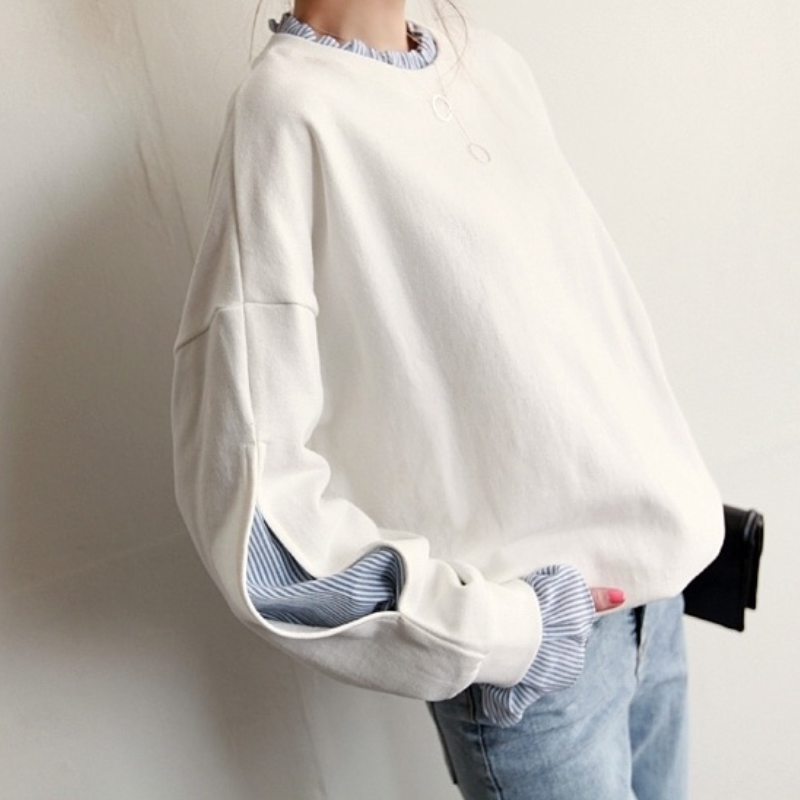 【春人気商品】【2色/M-2XL】薄款假兩件圓領白色TEE襯衫 韓版條紋寬鬆上衣