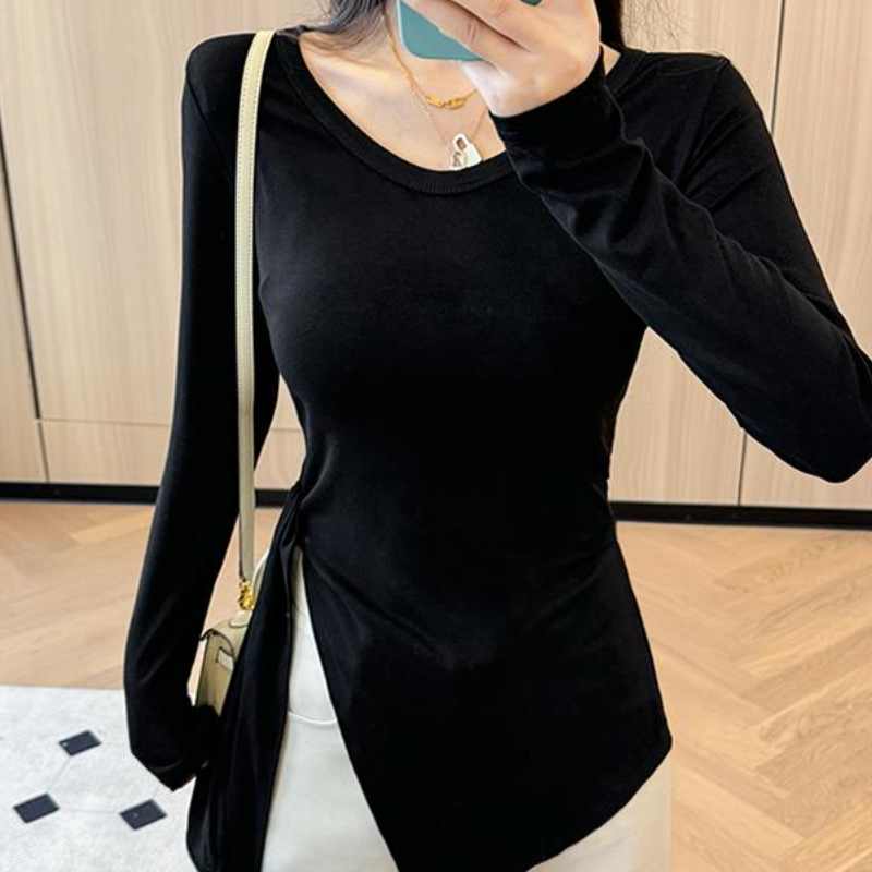 大尺碼修身長袖上衣 中長版 不規則下擺 側扭結設計 鎖骨領 顯瘦內搭