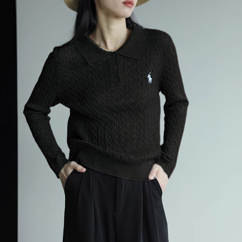 復古灰色翻領刺繡針織衫 通勤麻花毛衣顯瘦上衣