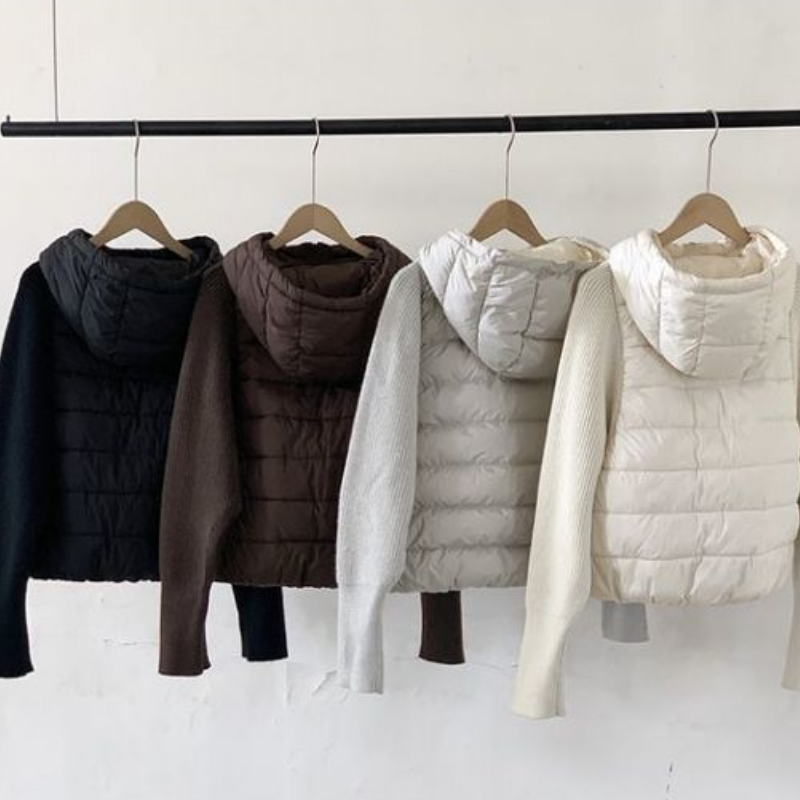 針織拼接連帽鋪棉外套 短版輕量 保暖不臃腫（小個子友善）