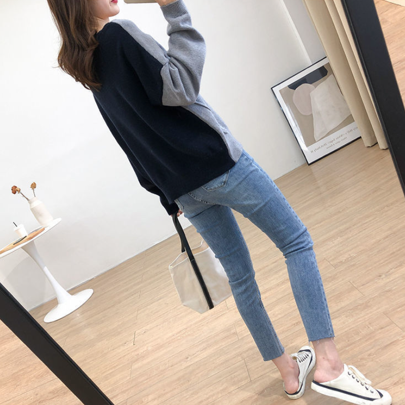 韓版不規則針織上衣 寬鬆顯瘦慵懶風撞色長袖