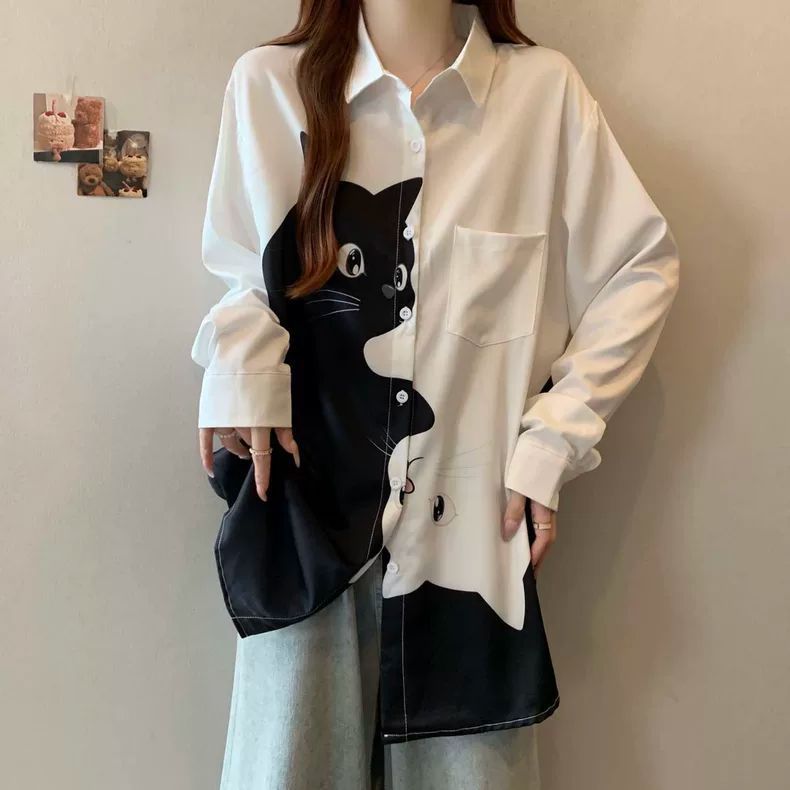 大尺碼貓咪印花襯衫 長袖寬鬆版 顯瘦遮肉（黑/白）