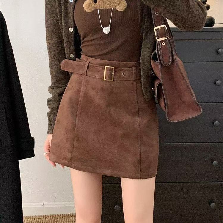 麂皮質感高腰 A 字短裙 咖啡色系 秋冬百搭款