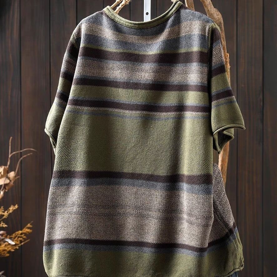 春夏條紋針織短袖T恤 寬鬆圓領上衣百搭休閒款