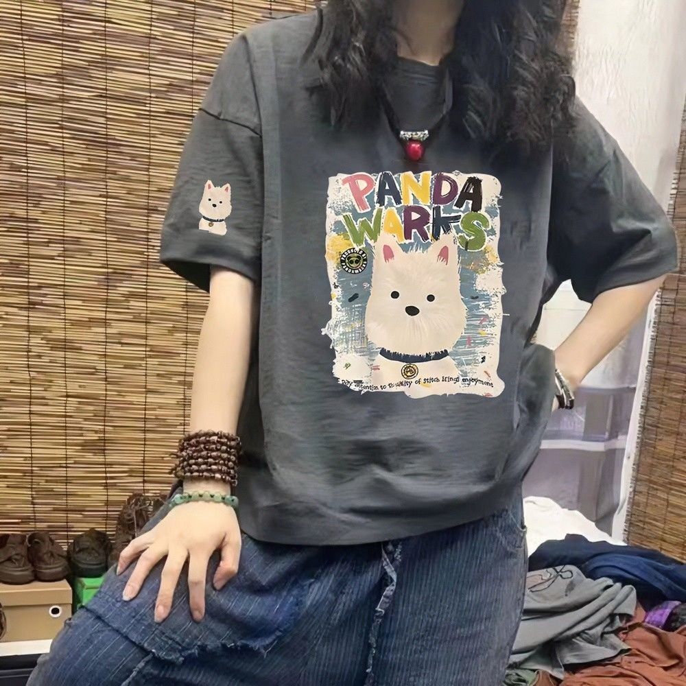 插畫純棉短袖T恤 寬鬆版型 可愛百搭日常上衣