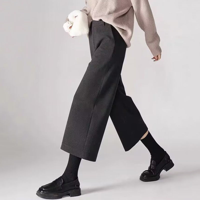 毛呢八分寬褲 秋冬新款休閒寬鬆顯瘦