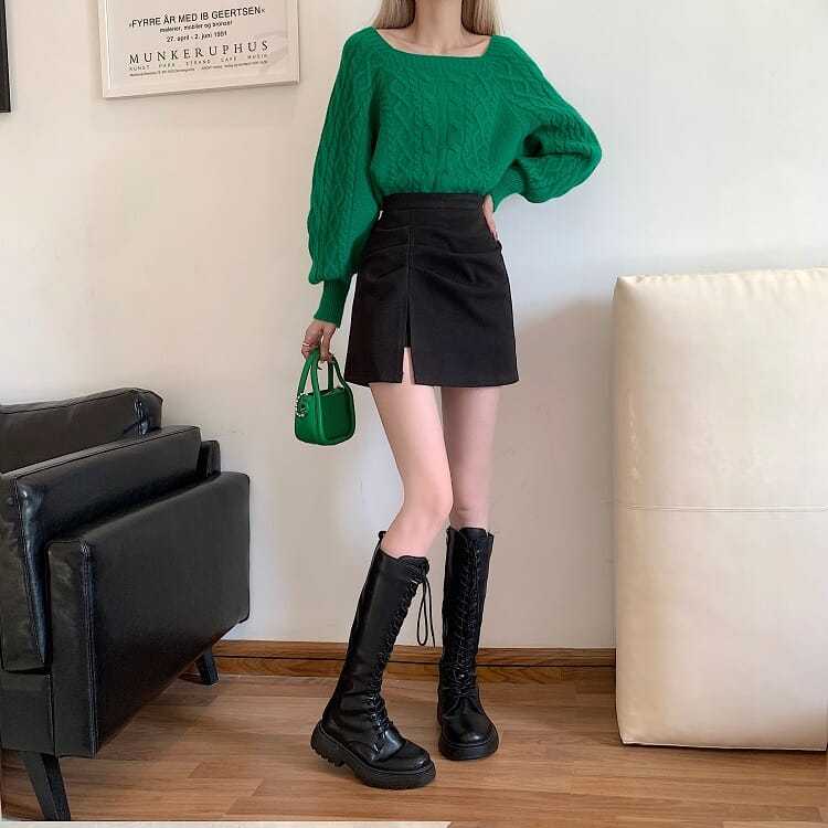 高腰開衩褶疊毛呢短裙 設計感A字版 顯瘦修飾 好搭百褶感（內建安全褲）