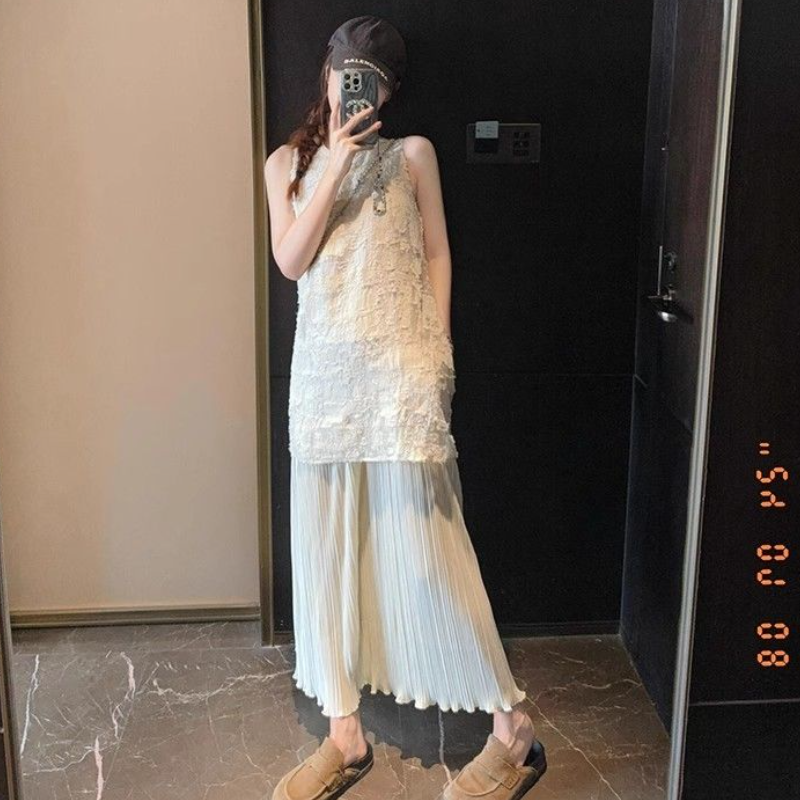 假日風層次拼接無袖洋裝 立體剪花上身 壓褶長裙 長版 氣質顯瘦