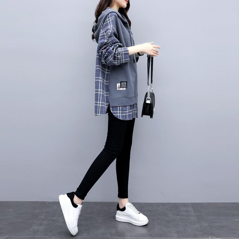 雙層設計薄款連帽上衣 格紋秋季韓版寬鬆大尺碼女裝
