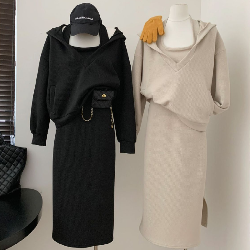 香草味的風 韓版連帽大學TEE套裝 性感吊帶連身裙兩件套